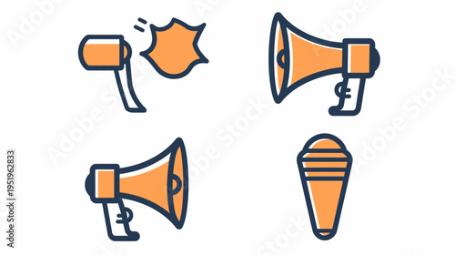 Collection of various style megaphone illustrations, including a handheld microphone, and sound effects