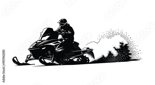 A snowmobiler in action speeding across a snowy landscape with a large plume of snow