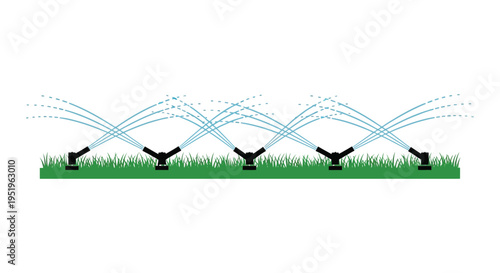 Irrigation system with sprinklers watering a lawn on a sunny day with green grass