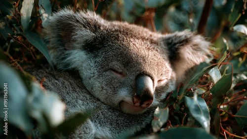 Sleepy koala resting among lush green leaves