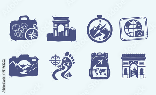 Artistic Set of Hand-Drawn Travel and Adventure Icon Stamps