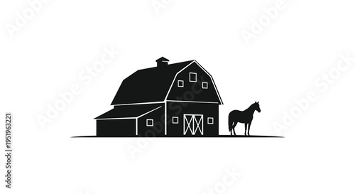 A black and white illustration of a horse standing beside a traditional barn