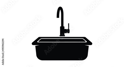 A black and white image of a kitchen sink with a single faucet