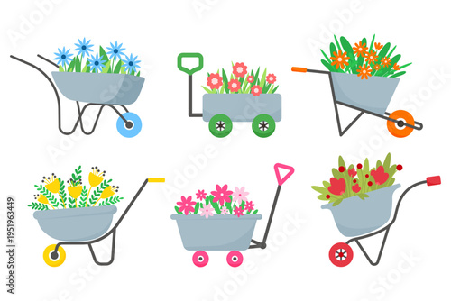 Colorful wheelbarrow set with blooming flowers and garden tools in flat style. Bright illustration collection with plants, carts and floral elements for gardening theme, design and decoration 