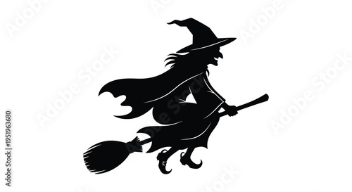 A witch flying on a broomstick in a dynamic pose with a pointed hat