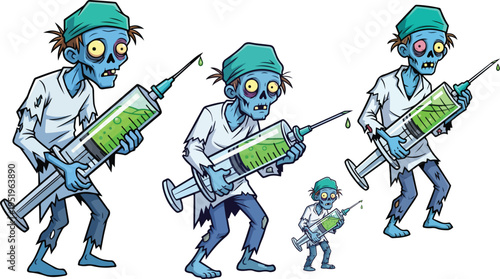Cartoon Zombie Doctors with Giant Syringes Filled with Green Liquid Vector Illustration Set for Medical Horror or Halloween Concepts