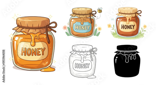 Collection of honey jars in various styles, from colorful illustrations to black and white sketches and silhouettes, perfect for culinary and beekeeping themes