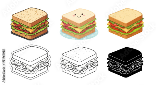 Set of six isometric illustrations of sandwiches in different styles full color, line art, and silhouette