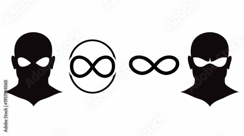 Silhouetted figures of masked faces and infinity symbols arranged symmetrically against a white background