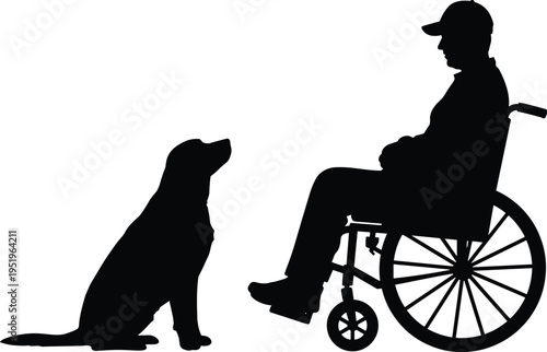 Cad drawing flat vector illustration, silhouette of man in wheelchair with service dog, mobility assistance animal, disabled person companion, guide dog support
