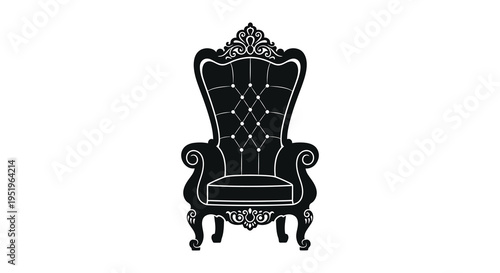 A black and white illustration of an ornate throne chair with tufted back and armrests