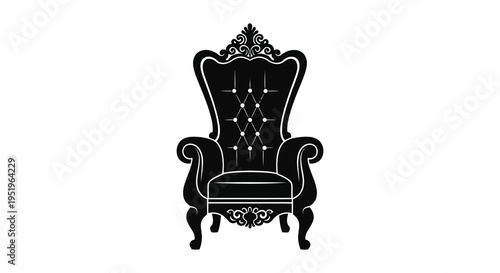 A black and white illustration of an ornate high backed chair with intricate details and carvings