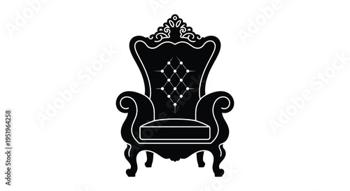 A black and white illustration of an ornate throne chair with intricate details and carvings