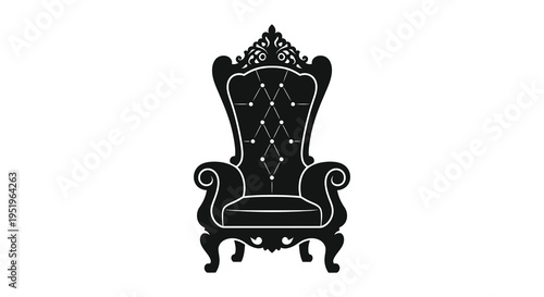 A black and white illustration of an ornate throne chair with a high back and armrests