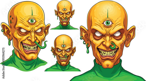 Creepy Yellow Alien Monster Head Vector Illustration Set with Third Eye, Green Skin, and Sharp Teeth for Halloween or Sci-Fi Designs