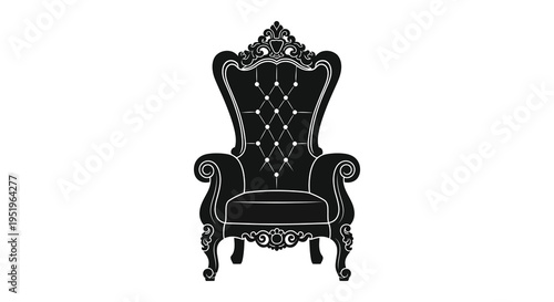 A black and white illustration of an ornate high backed chair with intricate carvings and tufted upholstery