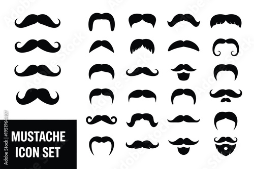 Mustache silhouette vector illustration, black hipster mustache icon set on white background for barber, grooming, and style concepts.