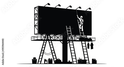 A worker on a ladder changing a large billboard at night with city lights