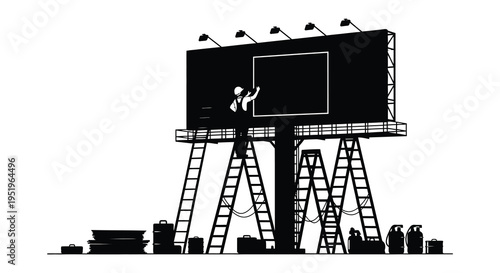Workers installing a large billboard with a blank advertisement panel at a construction site