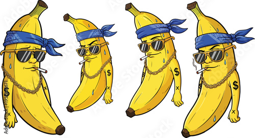 Set of 4 Cool Gangster Banana Cartoon Characters Vector Illustration with Sunglasses, Bandana, Gold Chains, and Cigarette for Humorous Design
