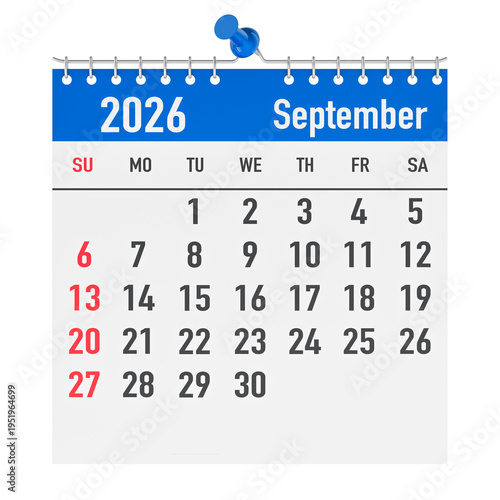 September 2026, wall calendar page for september 2026 with Sundays highlighted. 3d rendering