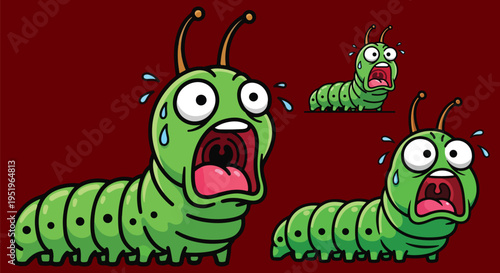 Cartoon green caterpillar vector illustration with a terrified, screaming expression and sweat drops, isolated on a dark red background, ideal for humorous or alarming insect-themed designs.