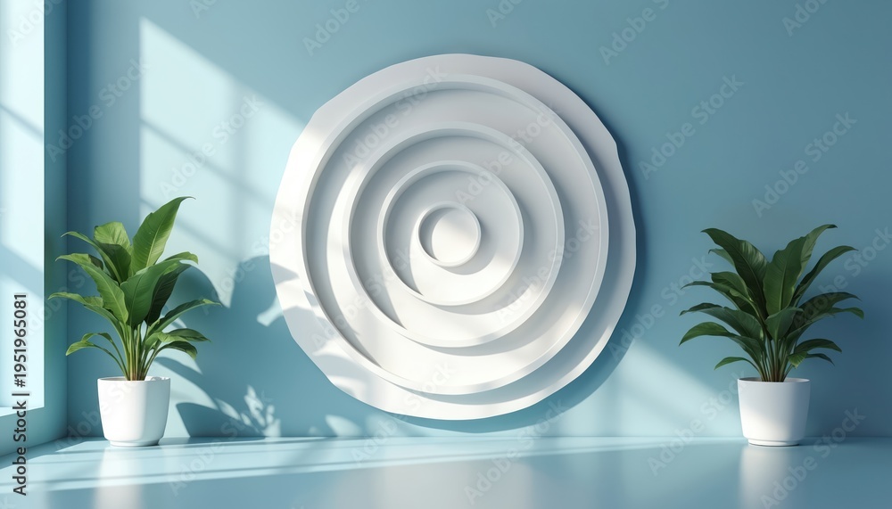 Fototapeta premium Abstract white concentric circles adorn a light blue wall. Two potted green plants flank the artwork, casting soft shadows. Clean modern interior decor design.