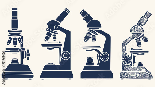 Four silhouettes of microscopes on a light background. Varying in design, with a grainy texture