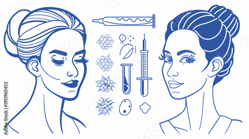 Artistic depiction of women's faces alongside medical/cosmetic items. Blue lines on white