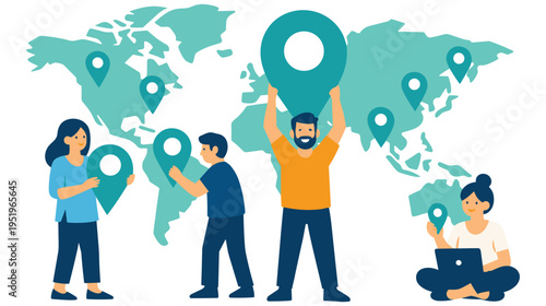 Global team of people placing location pin markers on world map art