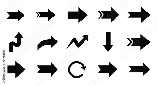 A collection of 15 black arrow icons in various directions and styles on a white background