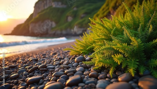 Beach with pebbles and green ferns at sunset. Ocean waves roll onto shore near rocky cliff under warm golden sun. Peaceful natural seascape.