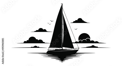 Serene sailboat on calm waters with majestic mountains in the background