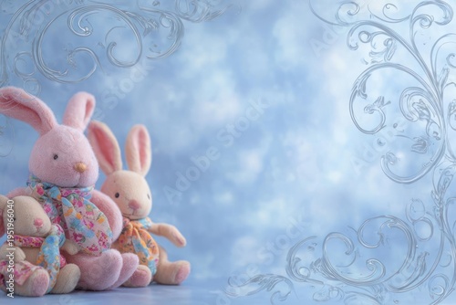 Pink Bunny Sitting with Teddy Bears on Blue Background with Floral Patterns