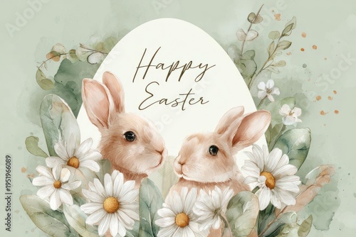 Easter Rabbits Surrounded by Daisies and Greenery with Happy Easter Text