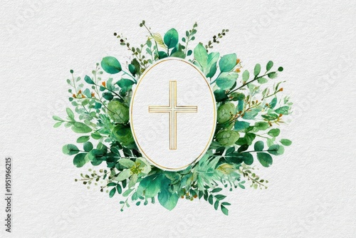 Gold Cross on White Oval with Green Eucalyptus Leaves