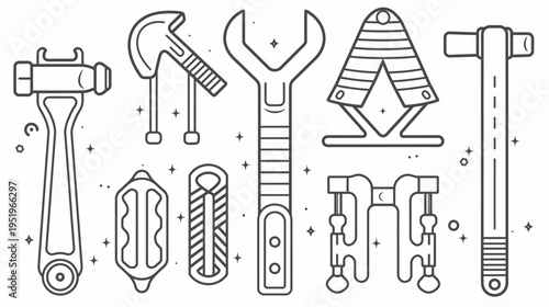 A collection of simple black and white line art depicting various tools and mechanical parts