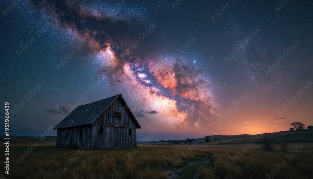 Fototapeta premium Old wooden barn sits in a dry grass field under a vibrant colorful Milky Way galaxy. Night sky stars and cosmic clouds above rural landscape. Remote country scene.