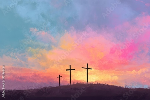 Three Crosses on Hill at Vibrant Sunset