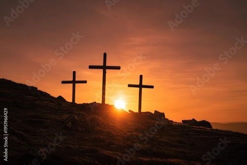 Three Crosses on Hill at Sunset