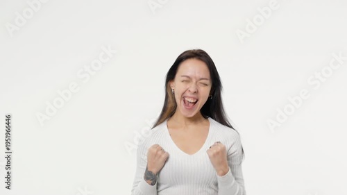 Young happy adult woman with a wedding ring is delighted white background isolated space