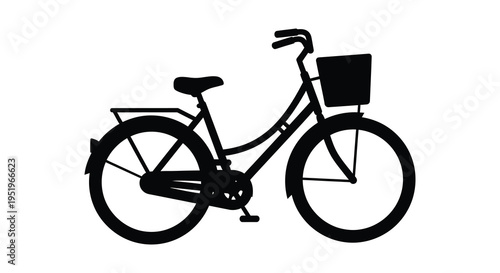 A black silhouette of a bicycle with a basket and rear rack