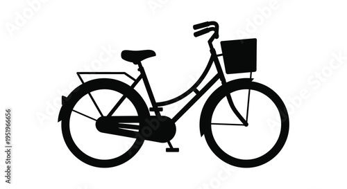 A black silhouette of a bicycle with a basket and rear rack