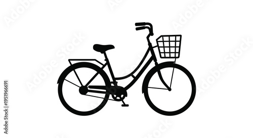 A black and white illustration of a bicycle with a basket