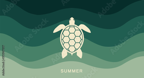 Summer sea turtle vector illustration, green ocean waves background