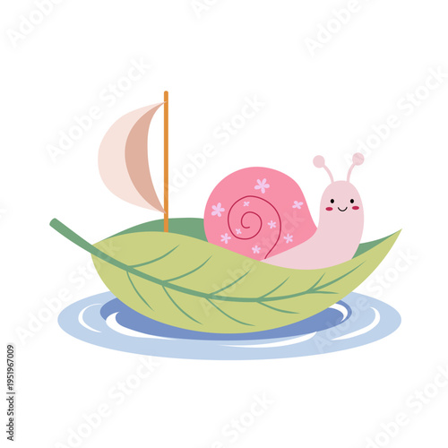 Cute pink snail sailing in leaf boat flat vector illustration for kids. Pastel flat vector illustration with a playful and gentle mood