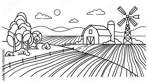 Line art farm landscape with barn windmill and scenic rural fields