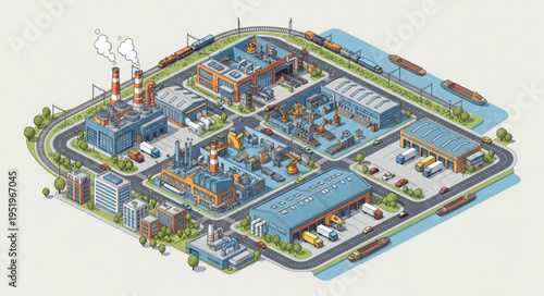 Isometric Industrial Complex Illustration - Detailed Overview of a Manufacturing Facility.