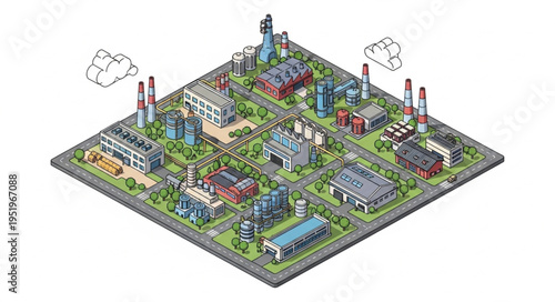 Isometric Industrial Zone Illustration - A Detailed View of Factories and Infrastructure.