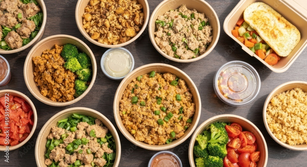 Fototapeta premium Overhead view of several prepared meal bowls, sides, and containers on a dark wooden table